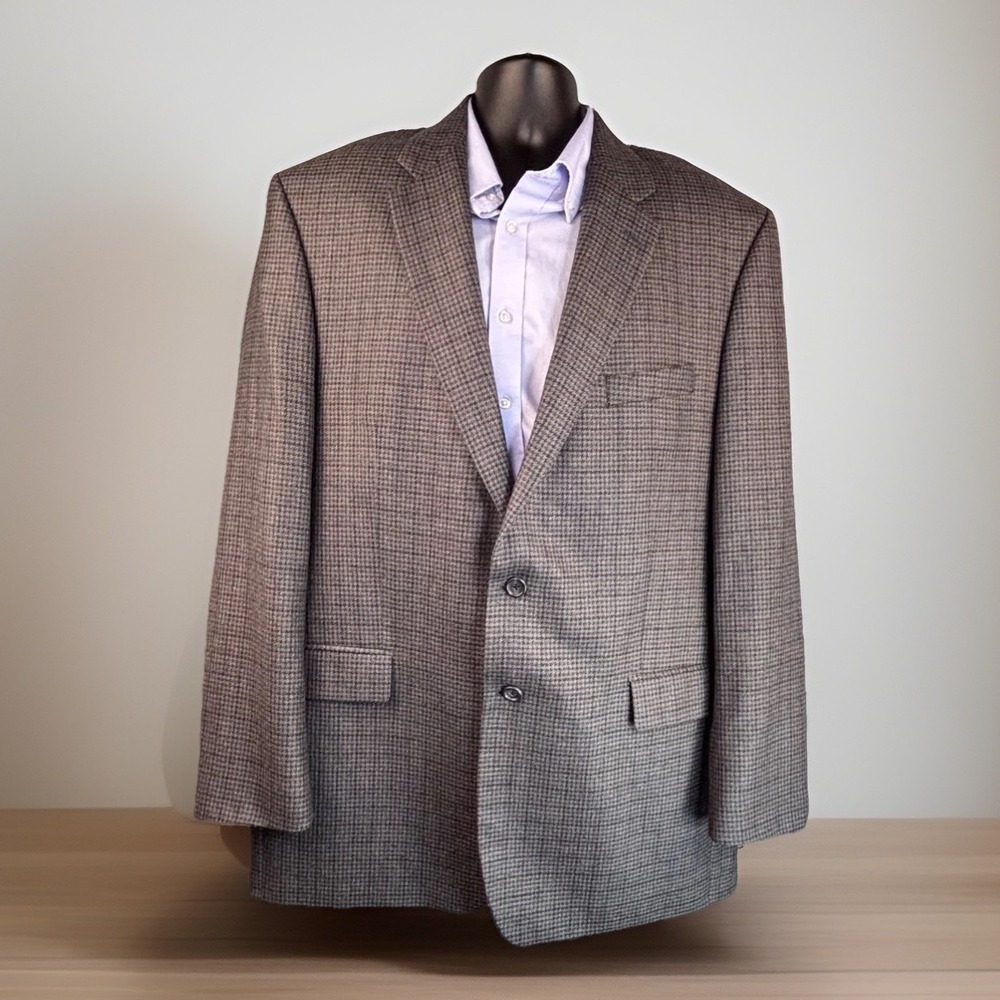 Vintage Blazer Sport Coat Jacket Izod Wool 48L Blue Gray Brown Plaid Houndstooth